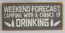 Load image into Gallery viewer, Weekend Forecast: Camping and Drinking Wood Sign