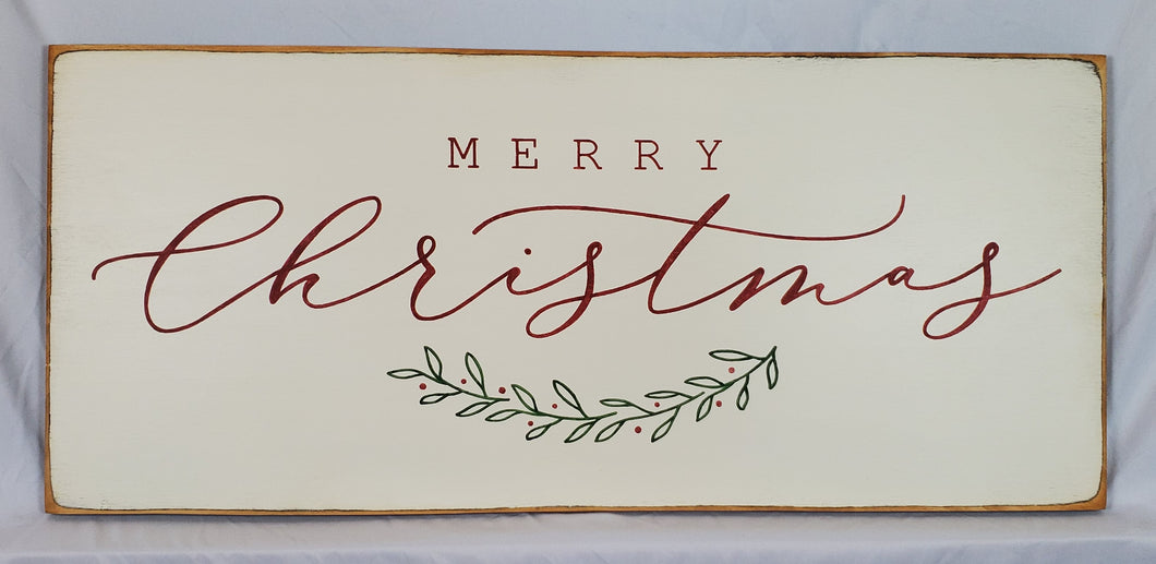 Merry Christmas Wooden Sign with Foliage - Rustic Vintage-Style Holiday Decor