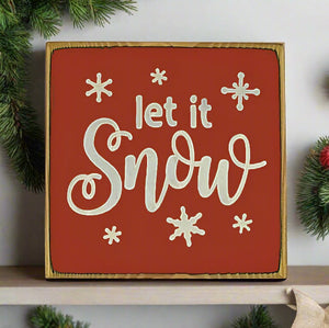 “Let it Snow” handcrafted wood sign with snowflakes, 5.5x5.5 inches White font over Red. Rustic modern farmhouse home décor